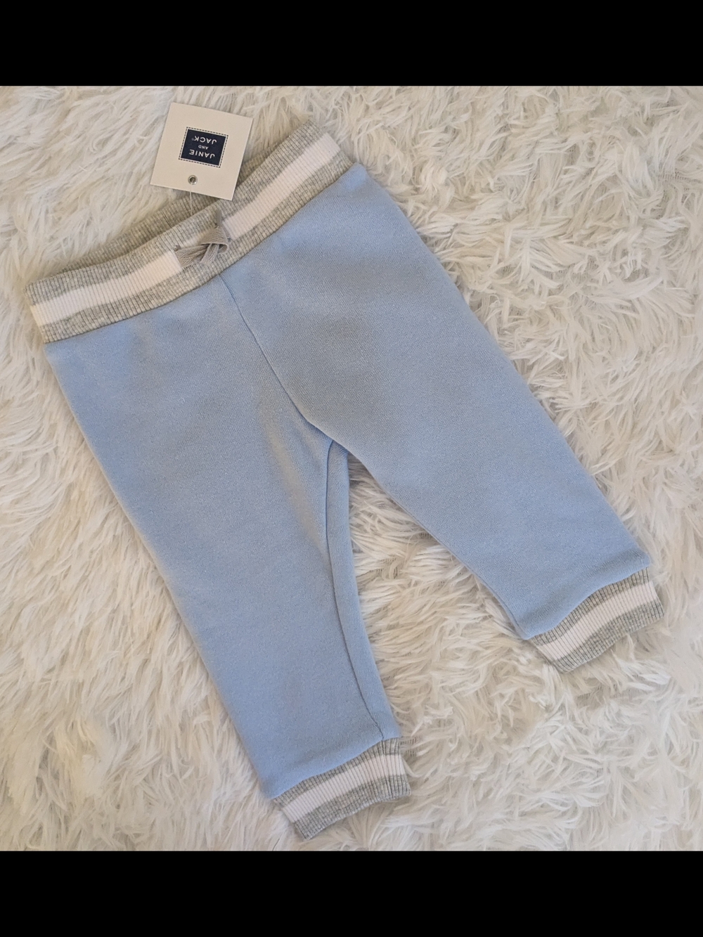 Janie and Jack Light Blue Knit Joggers with Gray & White Stripe Trim